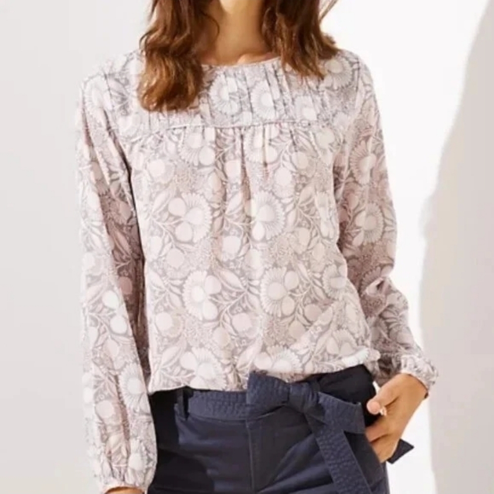 LOFT Floral Semi Sheer Blouse XS Pink Gray Romantic Retro Workwear Top